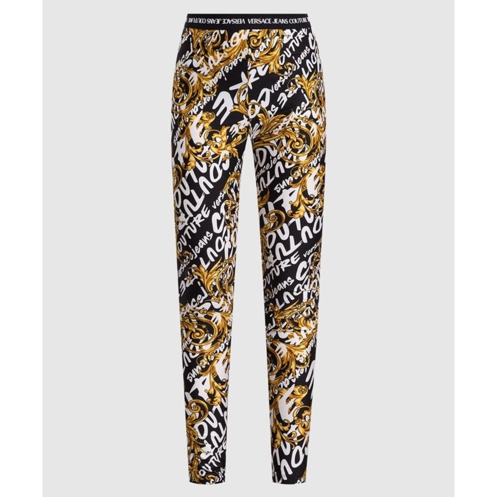 Versace Jeans Couture Baroque Logo Print Leggings Black Gold 73HAC101 Size 0 US